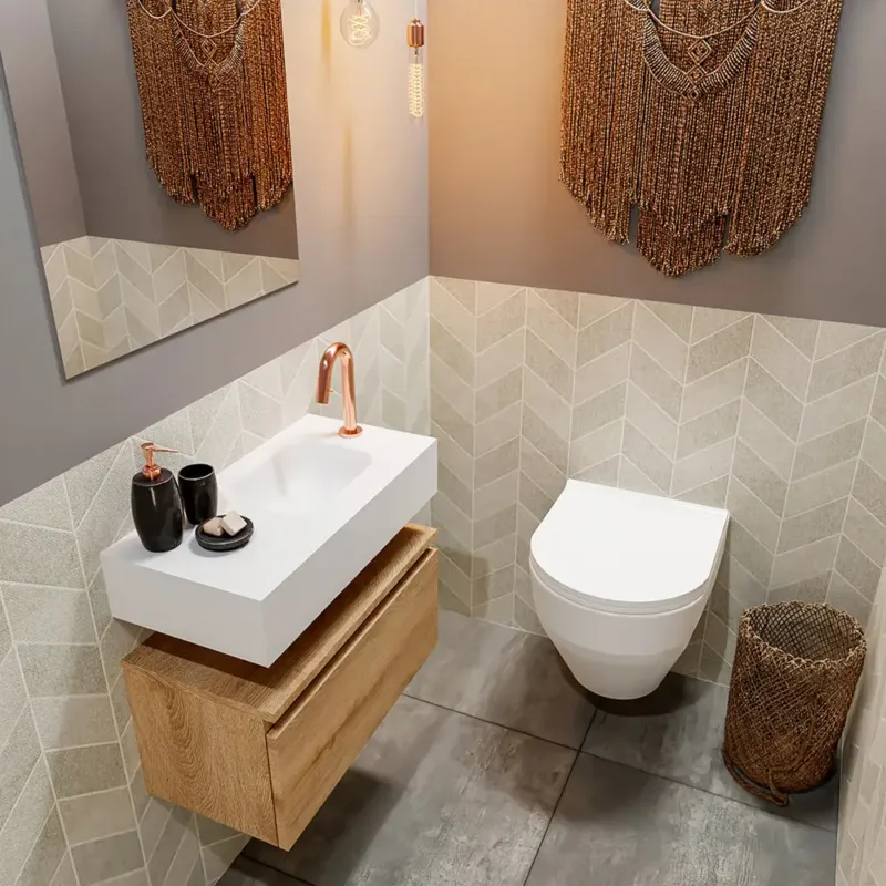 Fabrieksprijs Mondiaz Andor toiletmeubel 60cm eiken met witte wastafel rechts met kraangat