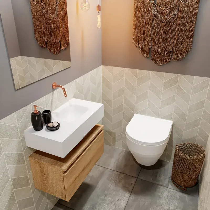 Direct Beschikbaar Mondiaz Andor toiletmeubel 60cm eiken met witte wastafel rechts zonder kraangat