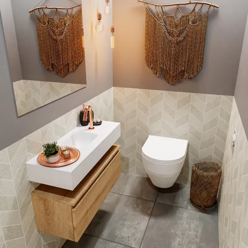 Beste Prijs Mondiaz Andor toiletmeubel 80cm eiken met witte wastafel midden met kraangat