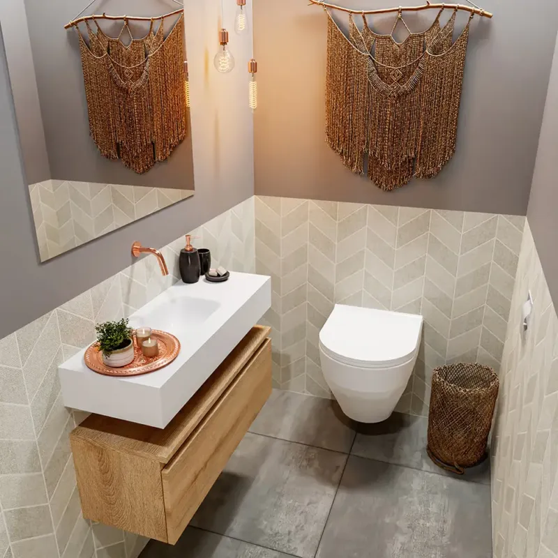 Gereduceerde Prijs Mondiaz Andor toiletmeubel 80cm eiken met witte wastafel midden zonder kraangat