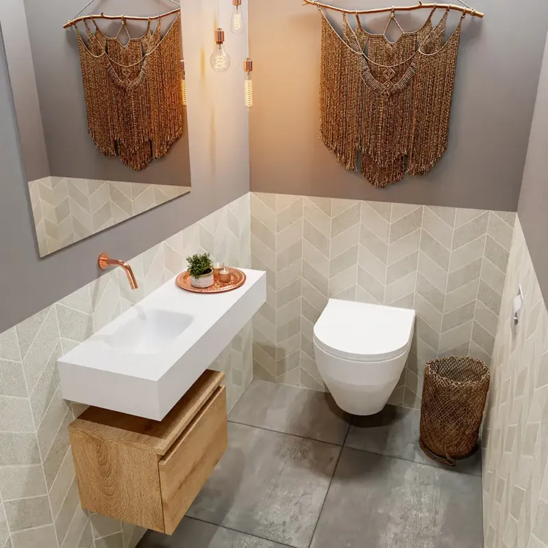Korting Mondiaz Andor toiletmeubel 40cm eiken met witte wastafel 80cm links zonder kraangat