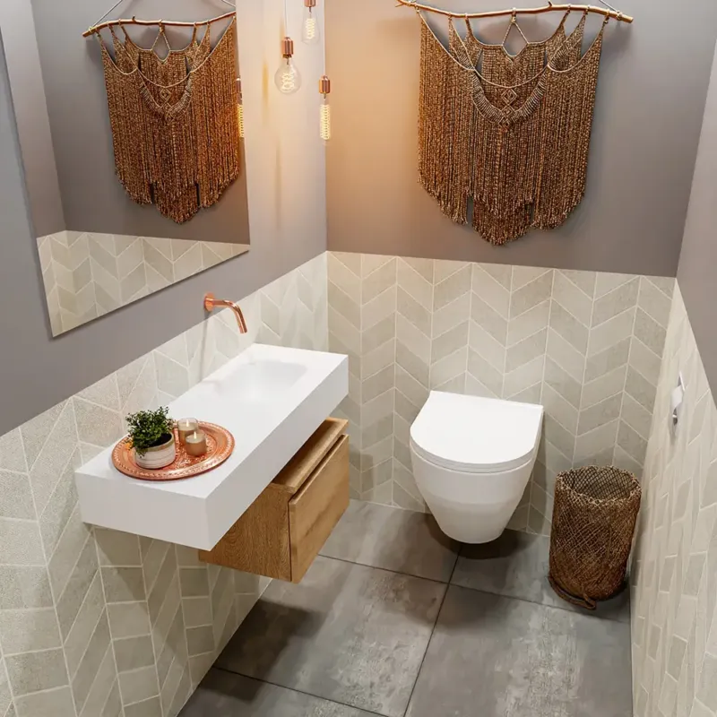 Express Levering Mondiaz Andor toiletmeubel 40cm eiken met witte wastafel 80cm rechts zonder kraangat