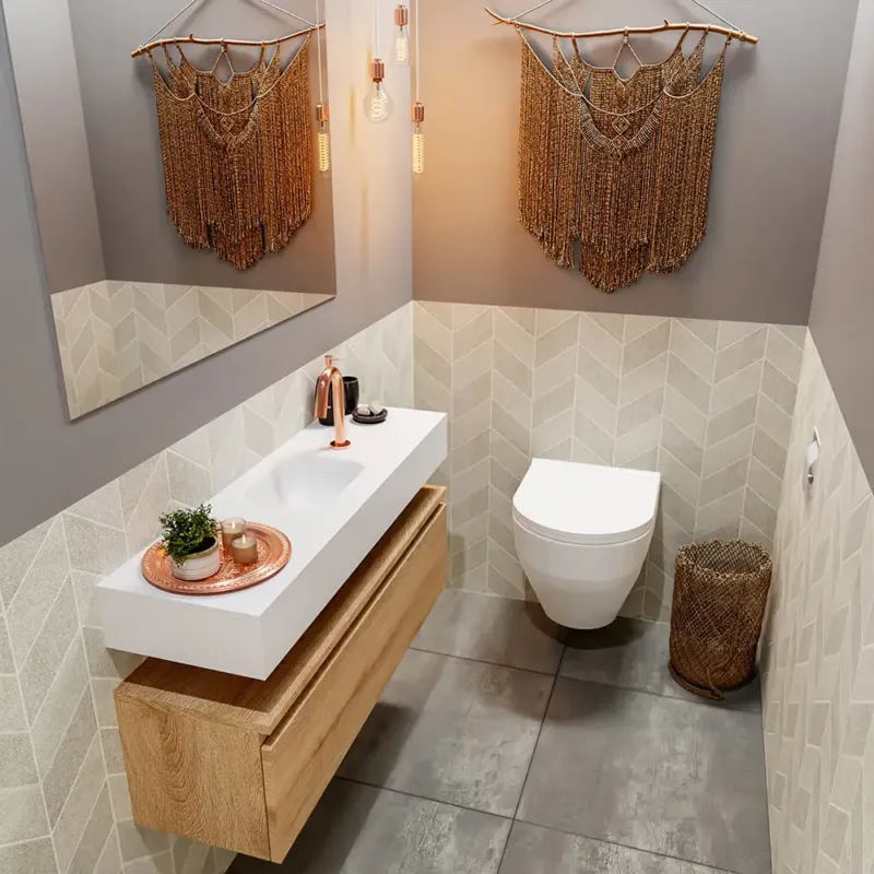 Koop Vandaag Mondiaz Andor toiletmeubel 100cm eiken met witte wastafel midden met kraangat
