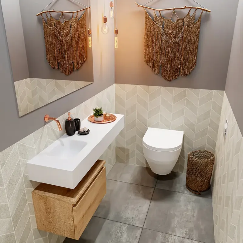 Koop Online Mondiaz Andor toiletmeubel 50cm eiken met witte wastafel 100cm links zonder kraangat