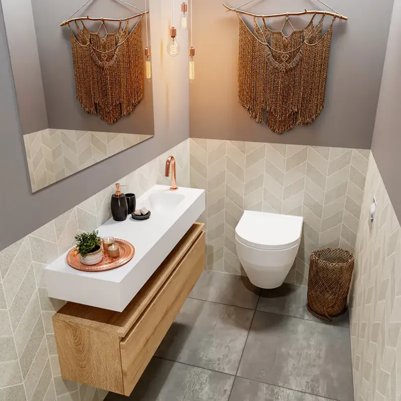Actieprijs Mondiaz Andor toiletmeubel 100cm eiken met witte wastafel rechts met kraangat