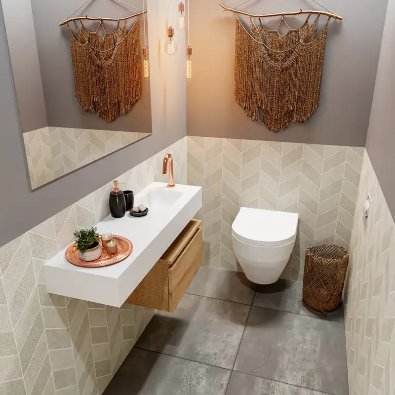 Voordeelprijs Mondiaz Andor toiletmeubel 50cm eiken met witte wastafel 100cm rechts met kraangat