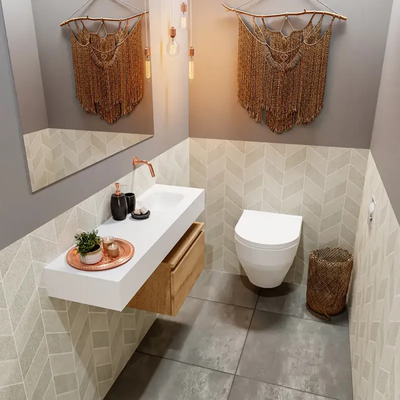 Nieuw Mondiaz Andor toiletmeubel 50cm eiken met witte wastafel 100cm rechts zonder kraangat