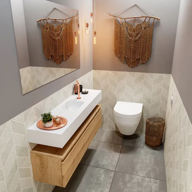 Nieuw Mondiaz Andor toiletmeubel 120cm eiken met witte wastafel midden met kraangat