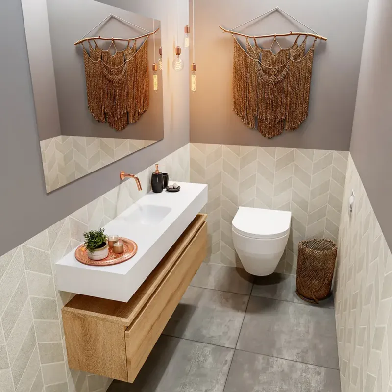 Lage Prijs Mondiaz Andor toiletmeubel 120cm eiken met witte wastafel midden zonder kraangat