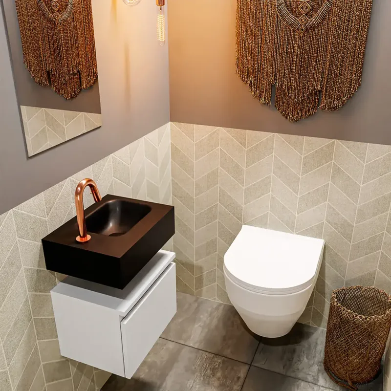 Must-Have Mondiaz Andor toiletmeubel 40cm mat wit met zwarte wastafel rechts met kraangat