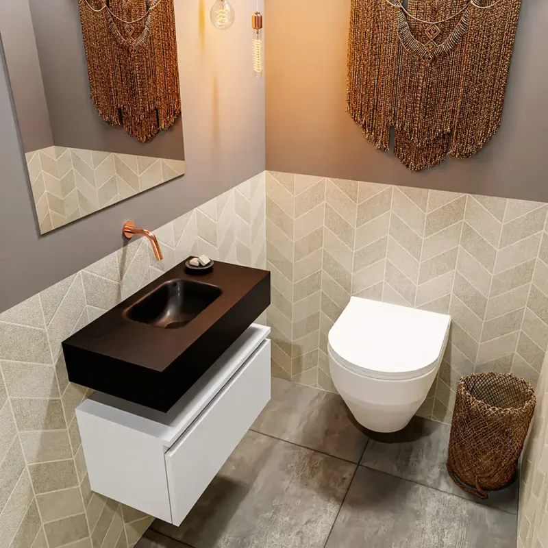 Direct Verzonden Mondiaz Andor toiletmeubel 60cm mat wit met zwarte wastafel midden zonder kraangat