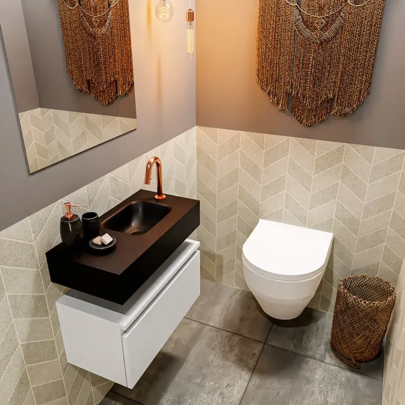 Betaalbaar Mondiaz Andor toiletmeubel 60cm mat wit met zwarte wastafel rechts met kraangat