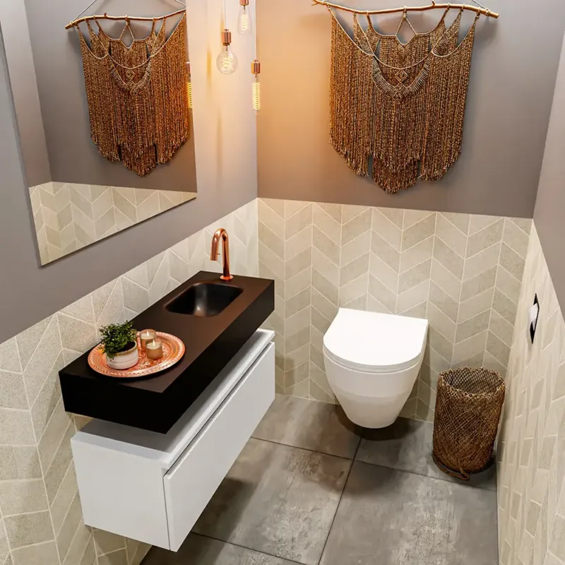 Seizoensaanbieding Mondiaz Andor toiletmeubel 80cm mat wit met zwarte wastafel rechts met kraangat