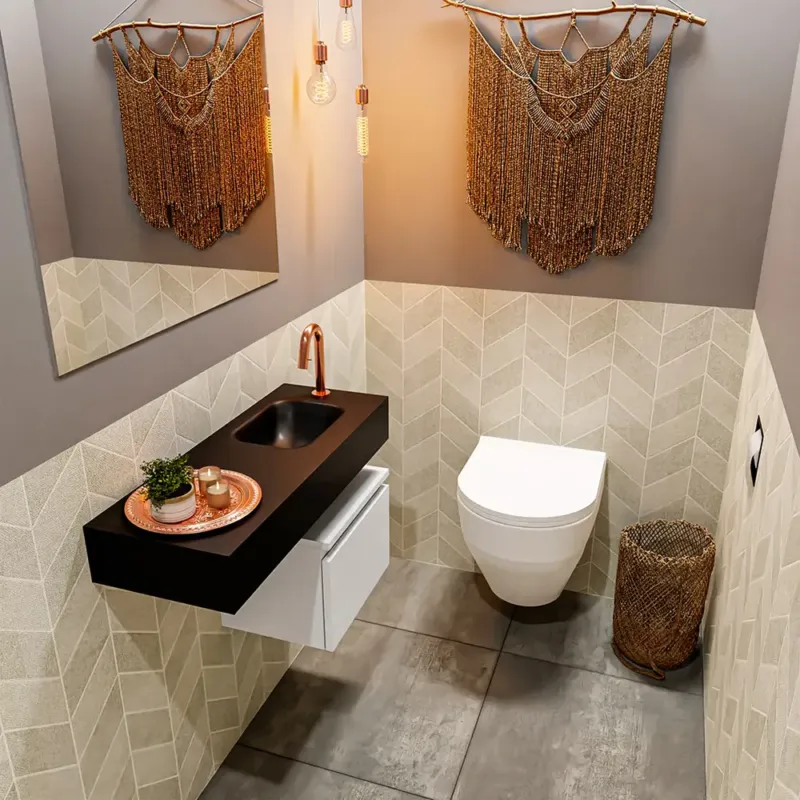 Snelle Levering Mondiaz Andor toiletmeubel 40cm mat wit met zwarte wastafel 80cm rechts met kraangat