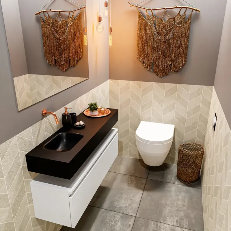 Goedkoop Mondiaz Andor toiletmeubel 100cm mat wit met zwarte wastafel links zonder kraangat