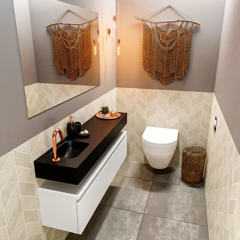 Must-Have Mondiaz Andor toiletmeubel 120cm mat wit met zwarte wastafel links met kraangat