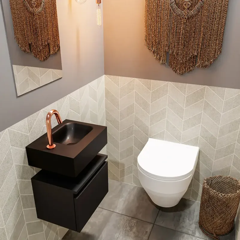 Direct Beschikbaar Mondiaz Andor toiletmeubel 40cm mat zwart met zwarte wastafel rechts met kraangat