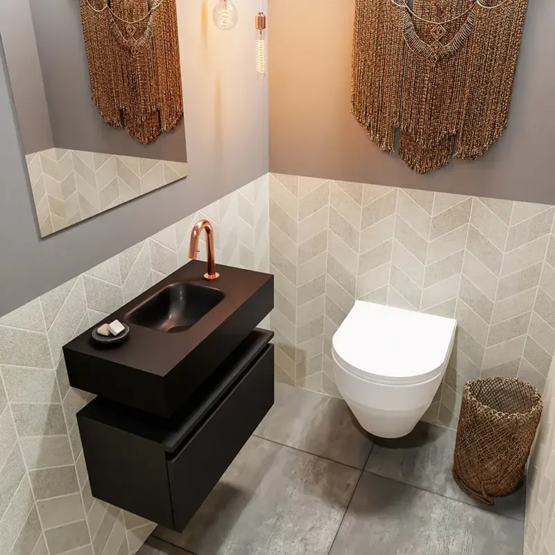 Op = Op Mondiaz Andor toiletmeubel 60cm mat zwart met zwarte wastafel midden met kraangat