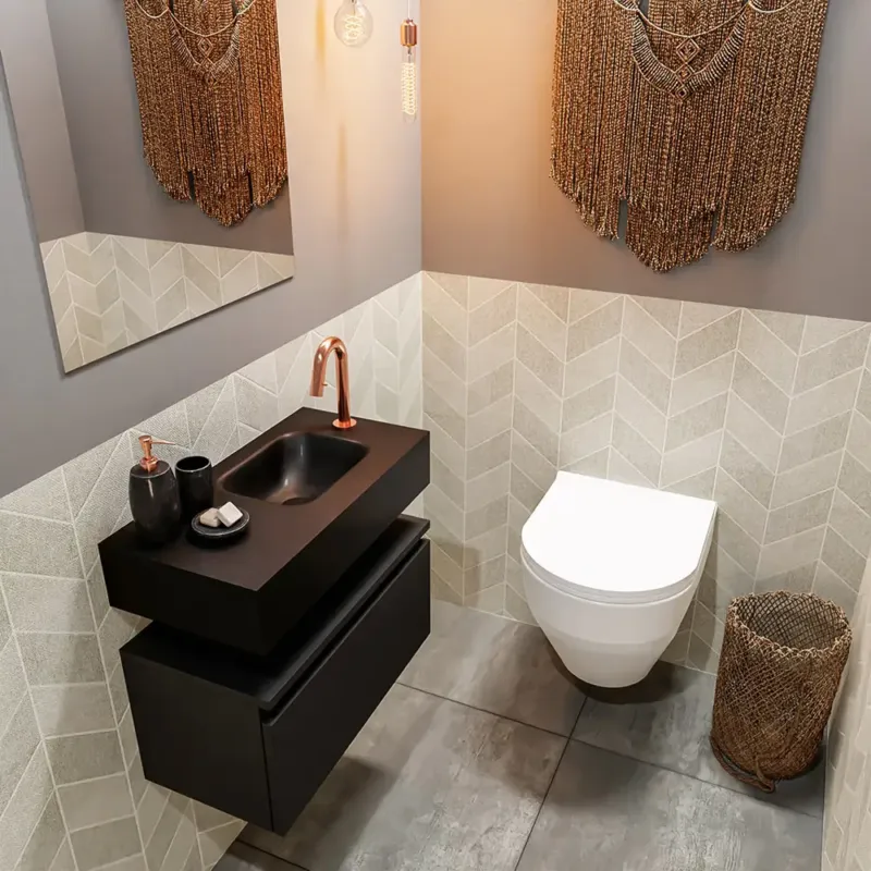 Gratis Retour Mondiaz Andor toiletmeubel 60cm mat zwart met zwarte wastafel rechts met kraangat