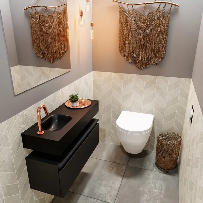 Laatste Kans Mondiaz Andor toiletmeubel 80cm mat zwart met zwarte wastafel links met kraangat