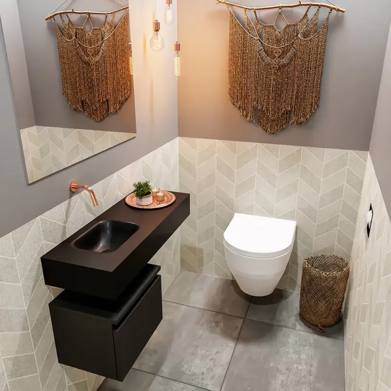 Goedkoop Mondiaz Andor toiletmeubel 40cm mat zwart met zwarte wastafel 80cm links zonder kraangat