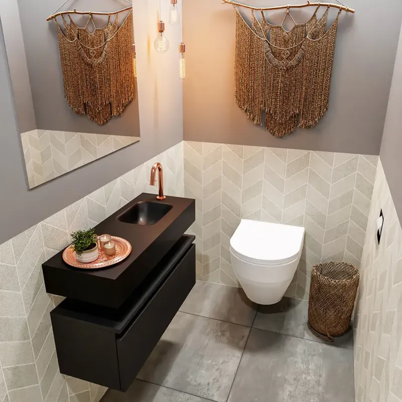 Dagaanbieding Mondiaz Andor toiletmeubel 80cm mat zwart met zwarte wastafel rechts met kraangat