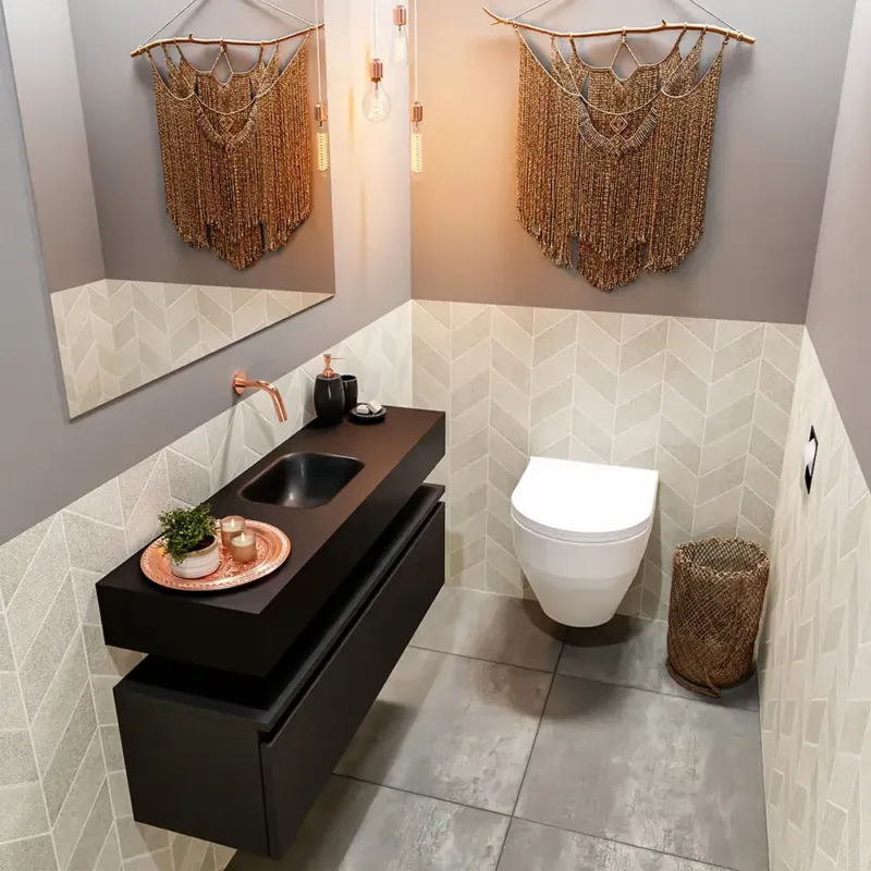 Speciale Aanbieding Mondiaz Andor toiletmeubel 100cm mat zwart met zwarte wastafel midden zonder kraangat