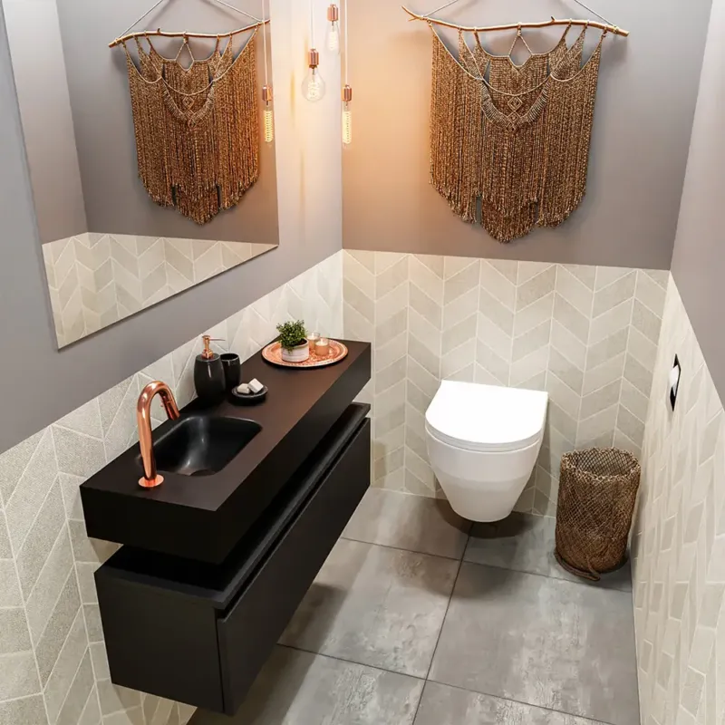 Tijdelijk Beschikbaar Mondiaz Andor toiletmeubel 100cm mat zwart met zwarte wastafel links met kraangat