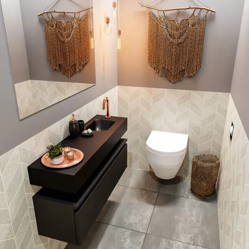 Gereduceerde Prijs Mondiaz Andor toiletmeubel 100cm mat zwart met zwarte wastafel rechts met kraangat