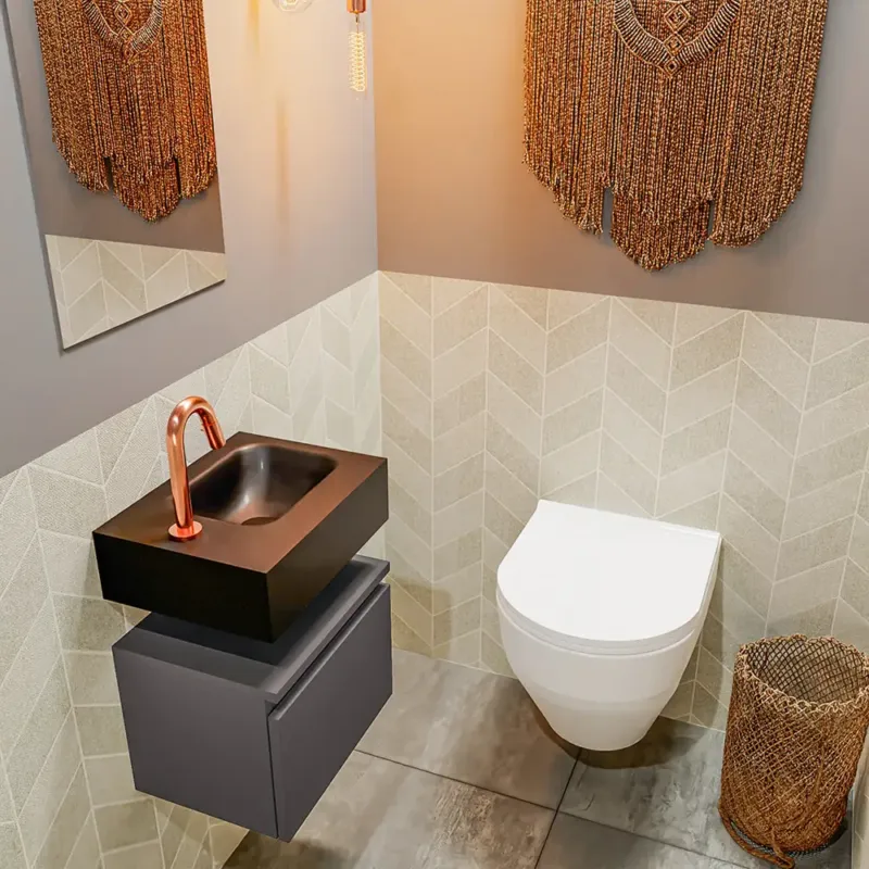 Actieprijs Mondiaz Andor toiletmeubel 40cm donkergrijs met zwarte wastafel rechts met kraangat