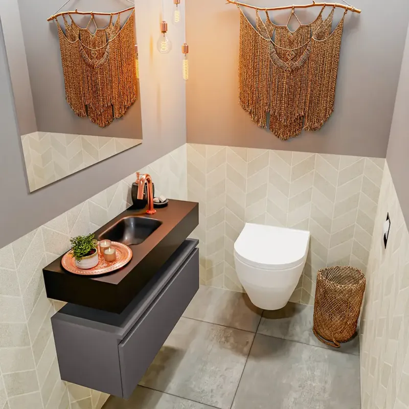 Direct Verzonden Mondiaz Andor toiletmeubel 80cm donkergrijs met zwarte wastafel midden met kraangat