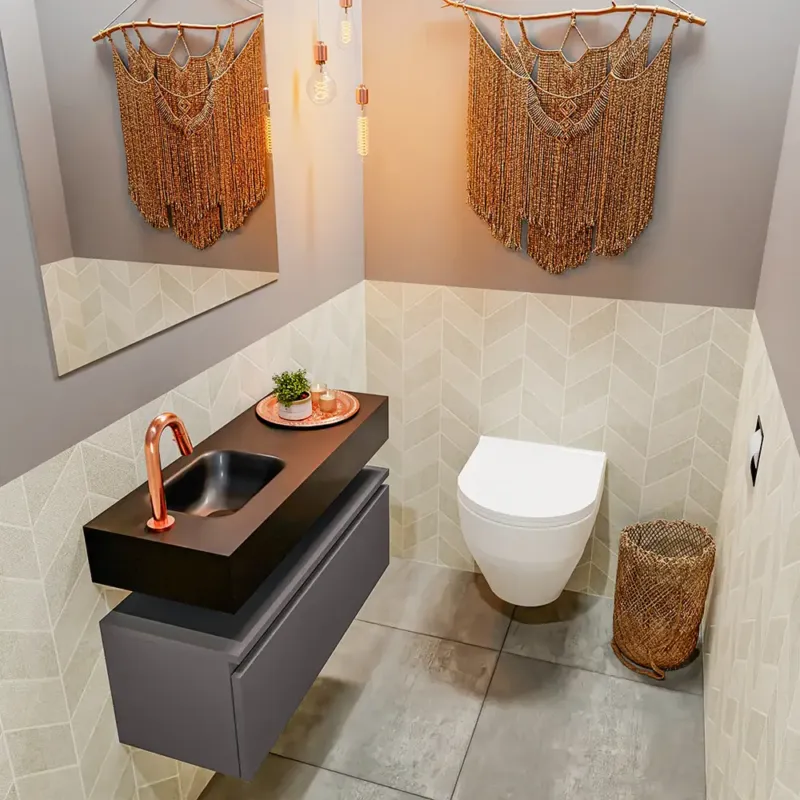 Korting Mondiaz Andor toiletmeubel 80cm donkergrijs met zwarte wastafel links met kraangat