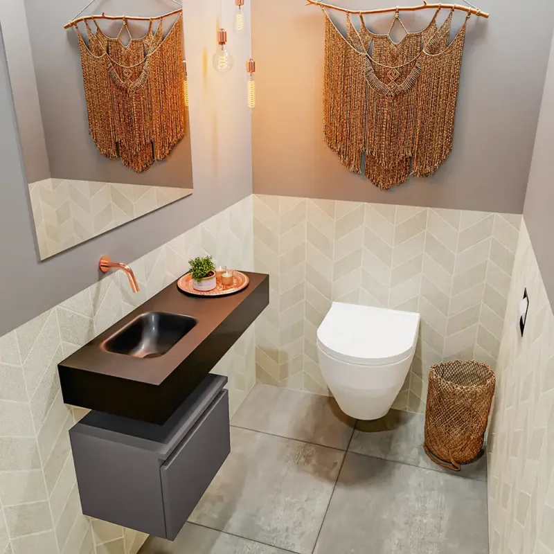 Direct Beschikbaar Mondiaz Andor toiletmeubel 40cm donkergrijs met zwarte wastafel 80cm links zonder kraangat
