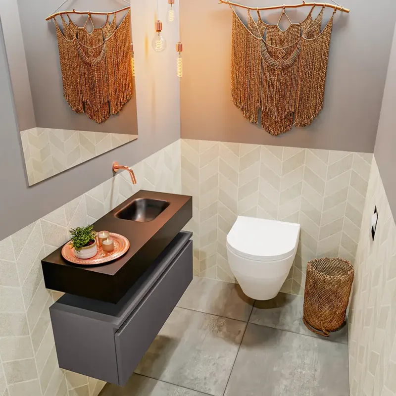 Betrouwbaar Mondiaz Andor toiletmeubel 80cm donkergrijs met zwarte wastafel rechts zonder kraangat