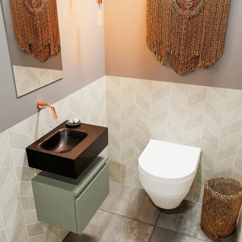 Direct Beschikbaar Mondiaz Andor toiletmeubel 40cm army met zwarte wastafel links zonder kraangat