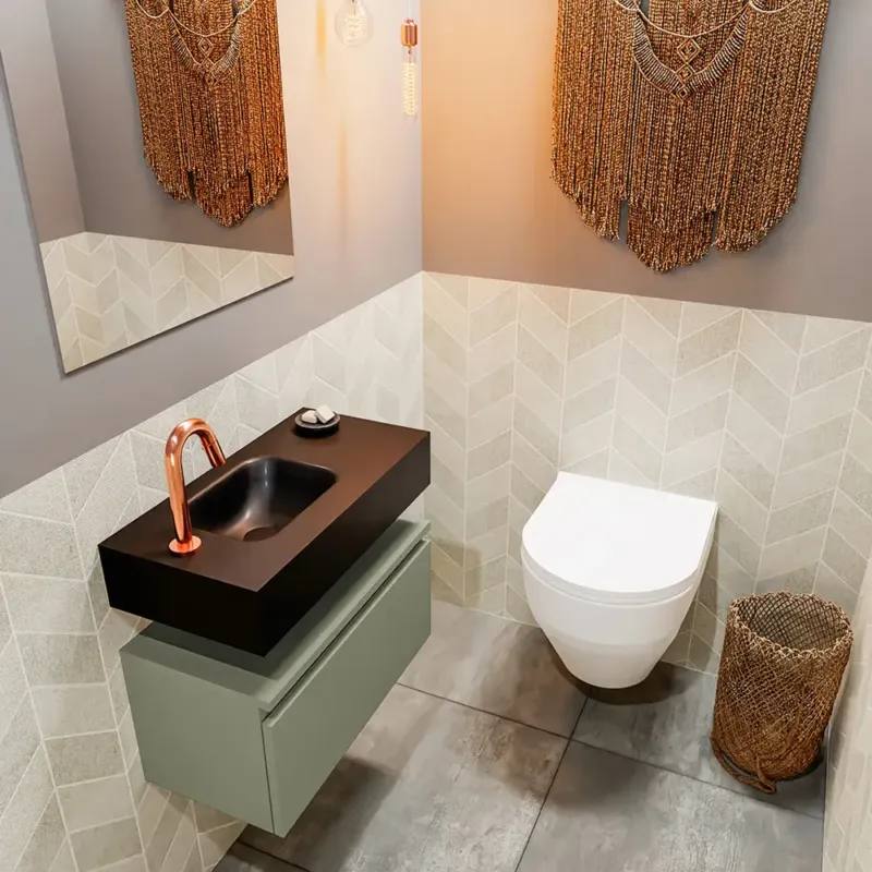 Merkproduct Mondiaz Andor toiletmeubel 60cm army met zwarte wastafel links met kraangat
