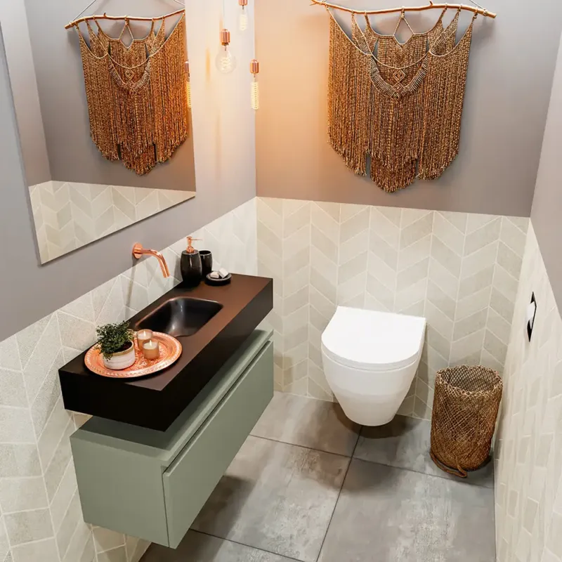 Uitverkoop Mondiaz Andor toiletmeubel 80cm army met zwarte wastafel midden zonder kraangat