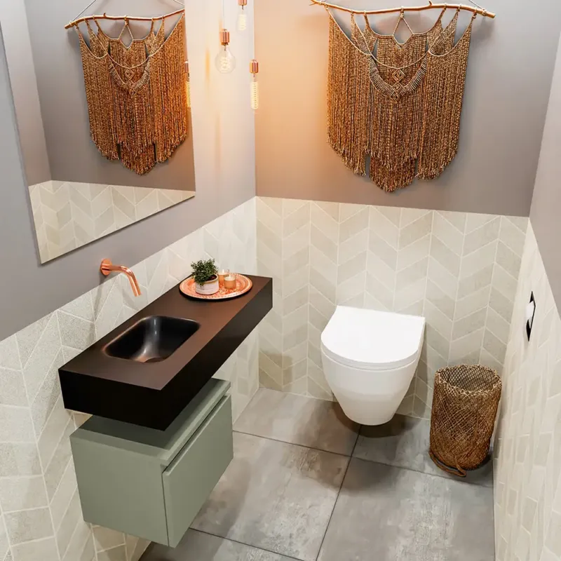 Fabrieksprijs Mondiaz Andor toiletmeubel 40cm army met zwarte wastafel 80cm links zonder kraangat
