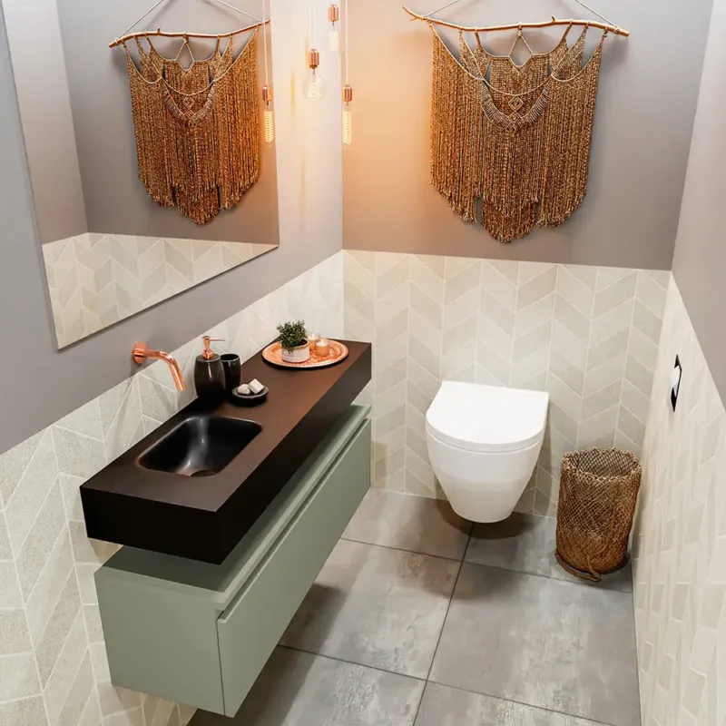 Superprijs Mondiaz Andor toiletmeubel 100cm army met zwarte wastafel links zonder kraangat