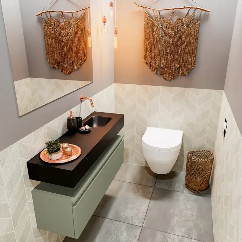 Rechtstreeks Van De Fabrikant Mondiaz Andor toiletmeubel 100cm army met zwarte wastafel rechts zonder kraangat