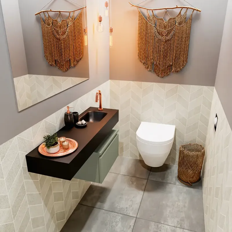 Actieprijs Mondiaz Andor toiletmeubel 50cm army met zwarte wastafel 100cm rechts met kraangat