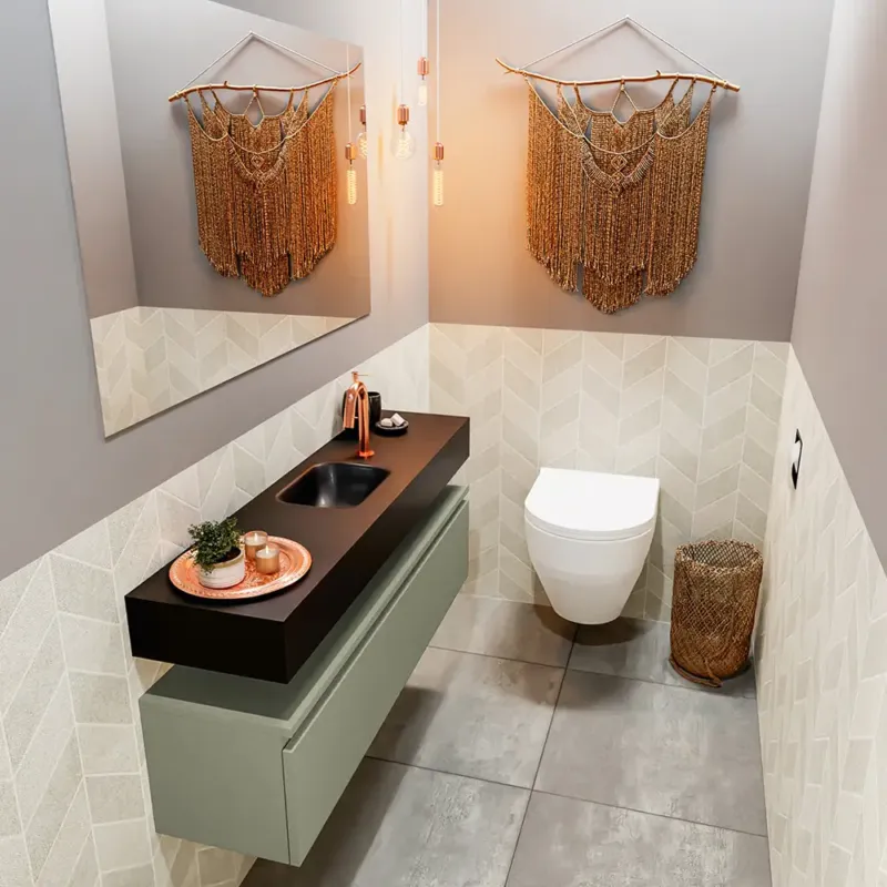 Gereduceerde Prijs Mondiaz Andor toiletmeubel 120cm army met zwarte wastafel midden met kraangat