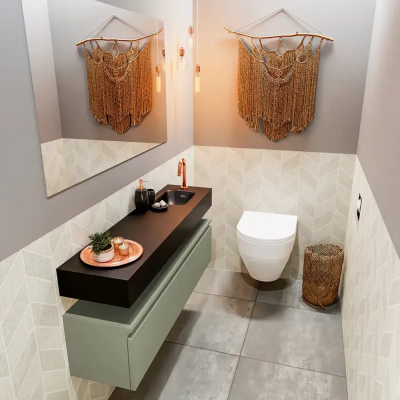 Koopje Mondiaz Andor toiletmeubel 120cm army met zwarte wastafel rechts met kraangat