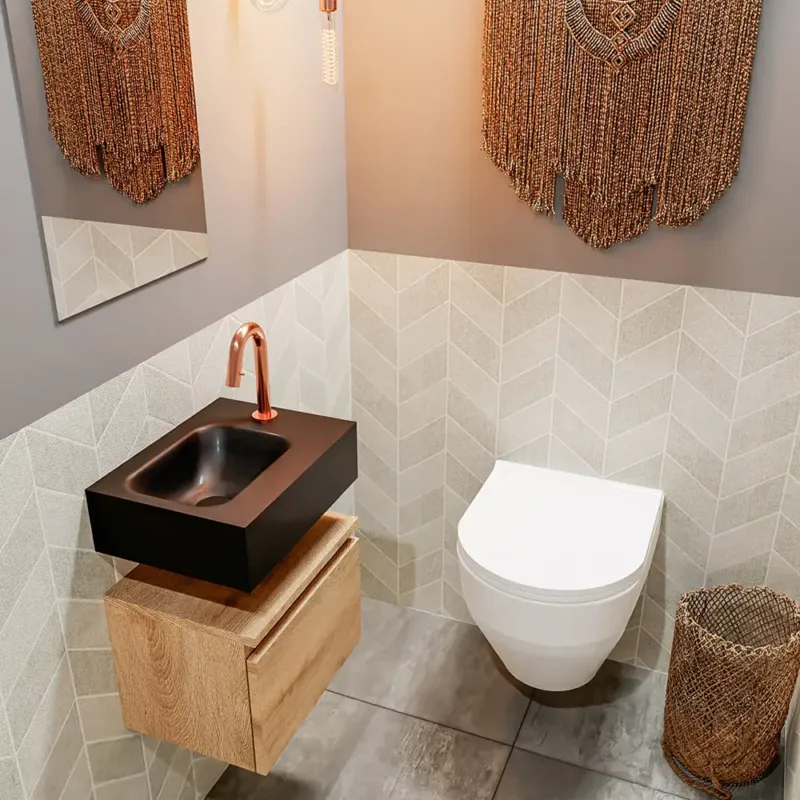 Must-Have Mondiaz Andor toiletmeubel 40cm eiken met zwarte wastafel links met kraangat