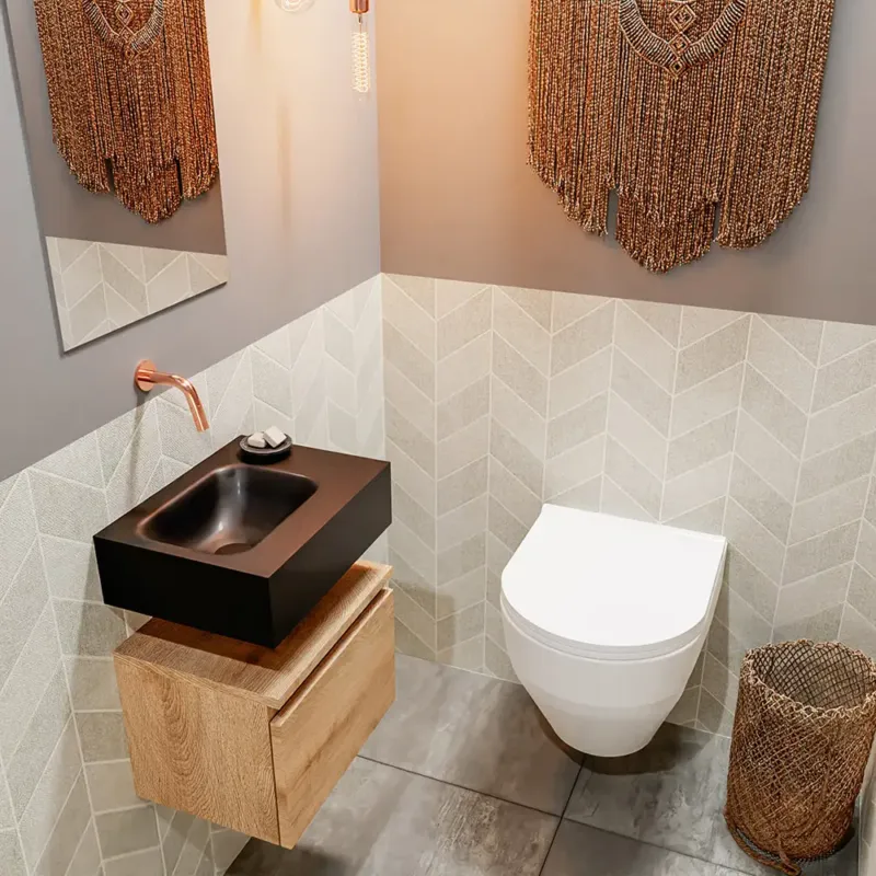 Betrouwbaar Mondiaz Andor toiletmeubel 40cm eiken met zwarte wastafel links zonder kraangat