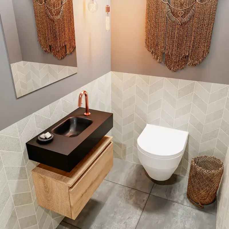 Uitverkoop Mondiaz Andor toiletmeubel 60cm eiken met zwarte wastafel midden met kraangat