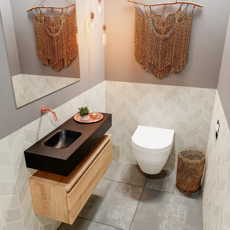 Premium Mondiaz Andor toiletmeubel 80cm eiken met zwarte wastafel links zonder kraangat
