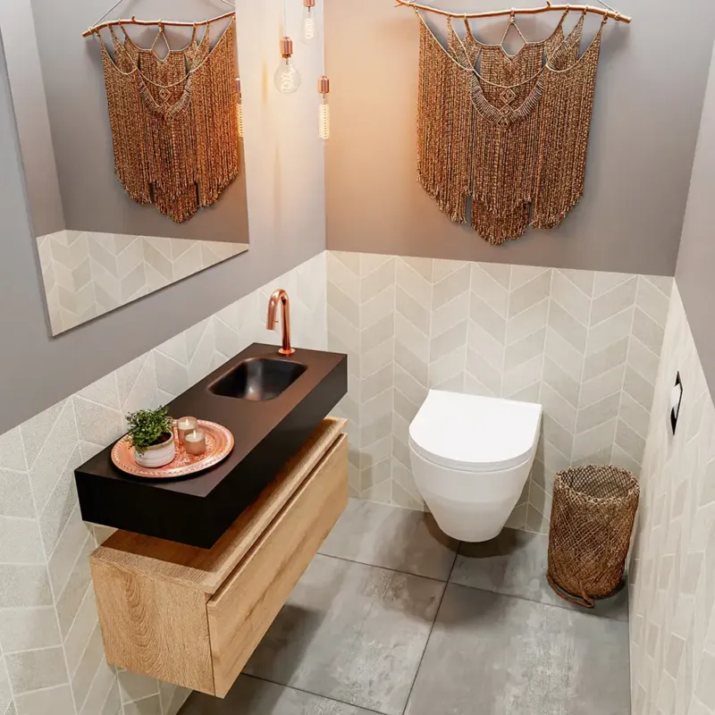 Betrouwbaar Mondiaz Andor toiletmeubel 80cm eiken met zwarte wastafel rechts met kraangat