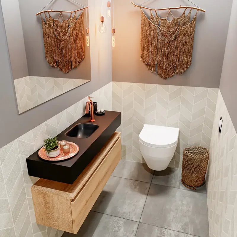 Favoriet Mondiaz Andor toiletmeubel 100cm eiken met zwarte wastafel midden met kraangat