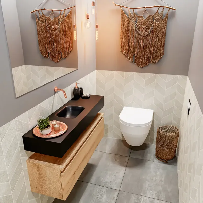 Speciale Aanbieding Mondiaz Andor toiletmeubel 100cm eiken met zwarte wastafel midden zonder kraangat